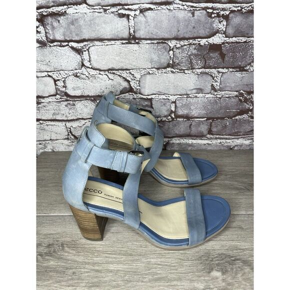 ECCO DANISH DESIGN Blue Leather Ankle Strappy Stacked Heel Sandals Women Sz 40EU - Picture 12 of 16
